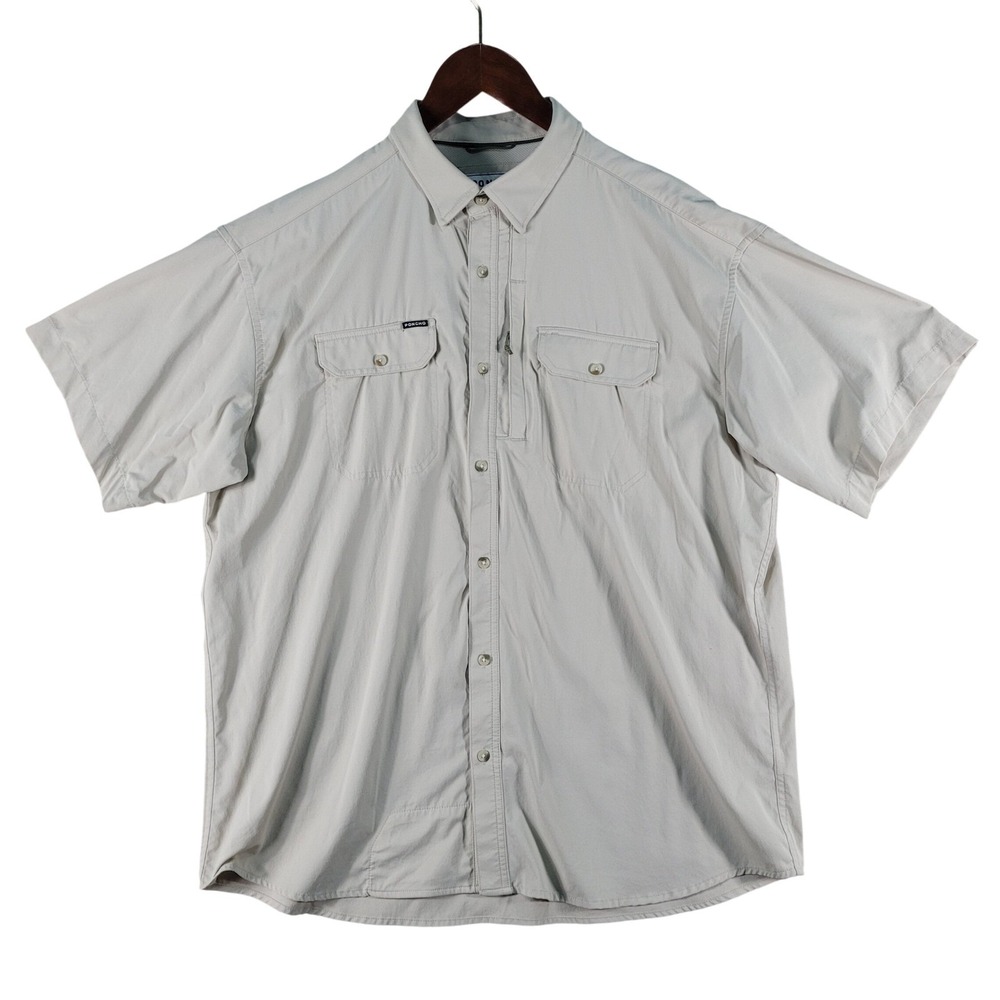 Poncho Fishing Shirt Mens XL Cream Short Sleeve Magnetic Pockets Stretch Vented